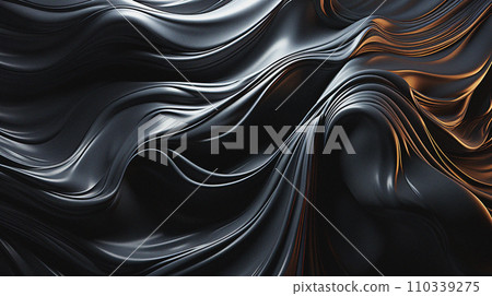 AI-generated content. Black background, landing, cover, poster template or presentation. 3d movement art. Contemporary mural design. Abstraction flexibility wavy surface. Abstract wallpaper, noise 110339275