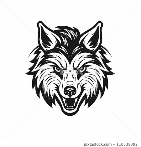 Angry predatory wolf, logo, monochrome drawing, dog Icon, wolf symbol, angry wolf portrait, predator pictogram, for laser engraving, tatoo 110339392