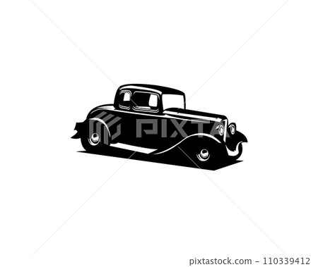 Silhouette of old 1932s ford caupe logo isolated white background view from side. Best for badges, emblems, icons and vintage car industry. Silhouette of old 1932s ford caupe logo isolated white background view from side. Best for badges, emblems, icons and vintage car industry. 110339412