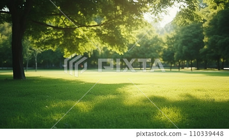 Green lawn with copyspace and flare. Generative AI 110339448