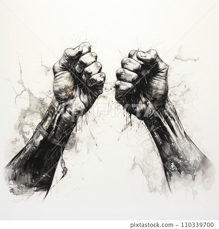 Quarrel, fight, struggle, fight, conflict. Two men's fists collide against a background of fire, lightning, electric current 110339700