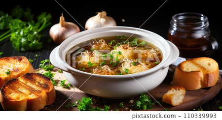 AI-generated content. Appetizing French onion soup, close-up. Healthy soup in a white plate. Generative AI AI-generated content. Appetizing French onion soup, close-up. Healthy soup in a white plate. Generative AI 110339993