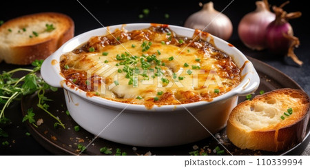 AI-generated content. French onion soup. A serving of classic onion soup is served in a white plate. Generative AI AI-generated content. French onion soup. A serving of classic onion soup is served in a white plate. Generative AI 110339994