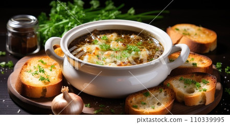 AI-generated content. Appetizing French onion soup, close-up. Healthy soup in a white plate. Generative AI AI-generated content. Appetizing French onion soup, close-up. Healthy soup in a white plate. Generative AI 110339995