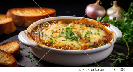 AI-generated content. Traditional French onion soup in a white plate with cheese crust and croutons. Generative AI AI-generated content. Traditional French onion soup in a white plate with cheese crust and croutons. Generative AI 110340001