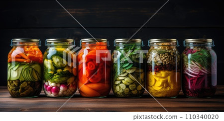 AI-generated content. Home canning for the winter. Lots of glass jars with canned vegetables. Healthy food. Generative AI 110340020