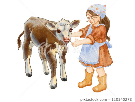A little girl pets a calf. Brown calf with white spots. Livestock color illustration. For printing and designing brochures for veterinary hospitals, farms, for printing books and children's products. 110340278