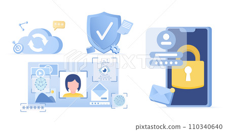 Safety and security concept set. Data protection, account access, strong password, encryption key, security lock, sensitive data from cyber attack and threats. Flat vector design illustration. 110340640