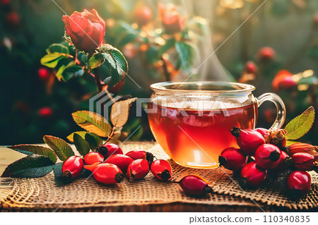 Rosehip tea and rosehips on a wooden table (AI generated image) Rosehip tea and rosehips on a wooden table (AI generated image) 110340835