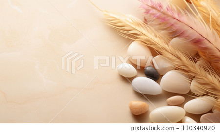 AI-generated content. Delicate peach background with decorative stones and feathers. 110340920
