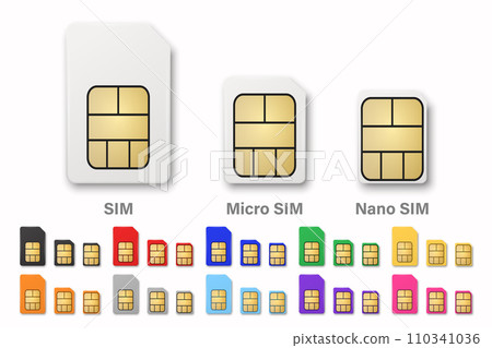 Vector Realistic SIM Card Set. SIM Card Closeup Isolated in Front View. Design Template for Mockup. Standard, Micro and Nano Size Vector Realistic SIM Card Set. SIM Card Closeup Isolated in Front View. Design Template for Mockup. Standard, Micro and Nano Size 110341036