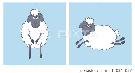 Flat Vector Cute Funny Sheep - Standing and Flying. Cartoon Sheep Character. Vector Illustration 110341037