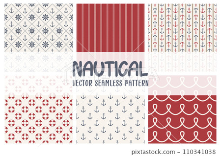 Flat Vector Nautical Seamless Pattern Set. Marine Seamless Patterns, Sea Print. Marine Equipment Seamless Patterns, Nautical Charm, Classic Style Flat Vector Nautical Seamless Pattern Set. Marine Seamless Patterns, Sea Print. Marine Equipment Seamless Patterns, Nautical Charm, Classic Style 110341038