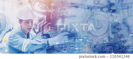Advance engineering industry expert high skill staff worker working with modern machine assembly plant factory wide for backdrop banner background. 110341246