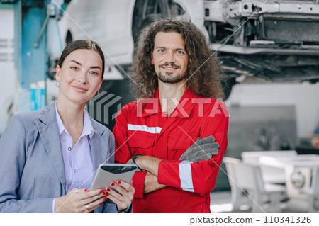 mechanic with insurance agent claim team working service in auto workshop fix repair accident crash car and saving money mechanic with insurance agent claim team working service in auto workshop fix repair accident crash car and saving money 110341326