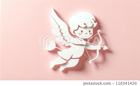 AI-generated content. Valentines day cupid with bow and arrow on pink background. Generative AI 110341420