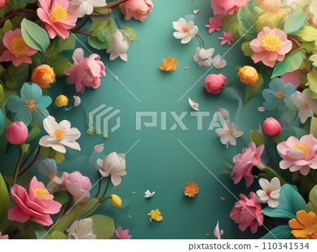 Beautiful paper flowers and butterflies on green background. Spring flowers on blue background with copy space for text Beautiful paper flowers and butterflies on green background. Spring flowers on blue background with copy space for text 110341534