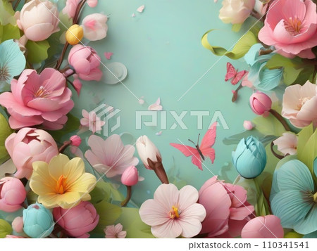 Beautiful paper flowers and butterflies on green background. Spring flowers on blue background with copy space for text Beautiful paper flowers and butterflies on green background. Spring flowers on blue background with copy space for text 110341541