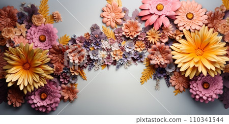 Beautiful gift colorful flowers clearly on light background. illustration. Abstract pattern. Golden texture. Abstract bright printed drawing. Happy Easter 110341544