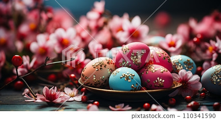 Beautiful gift colorful flowers clearly on light background. illustration. Abstract pattern. Golden texture. Abstract bright printed drawing. Happy Easter Beautiful gift colorful flowers clearly on light background. illustration. Abstract pattern. Golden texture. Abstract bright printed drawing. Happy Easter 110341590