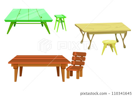 Table and chair. Home wooden furniture. Garden terrace furnishing. Dining desk. Yard stool. Patio comfortable armchair. Hardwood tabletop. Vector house interior isolated objects set 110341645