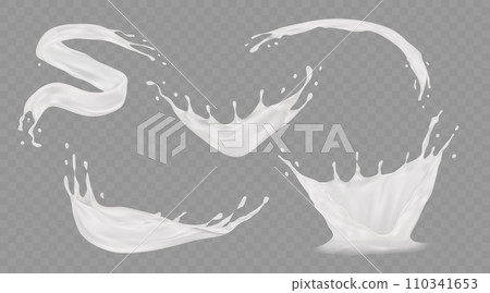 Milk splash. Liquid cream. Yoghurt splashing. 3D white drop texture. Milky wave splatter. Healthy drink. Fresh dairy product. Realistic water swirl. Vector isolated fluid elements set 110341653