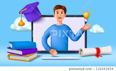 3D teacher. Student training online. People character on English course or class in computer. Render laptop and books stack. University education. Graduate diploma. Vector concept icon 3D teacher. Student training online. People character on English course or class in computer. Render laptop and books stack. University education. Graduate diploma. Vector concept icon 110341654