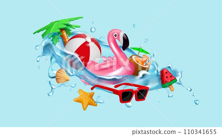 3D summer party. Beach vacation. Summertime holidays journey. Kids toy ball. Inflatable flamingo in sea water splash. Fun festive travel. Ice cream and coconut cocktail. Vector background 110341655