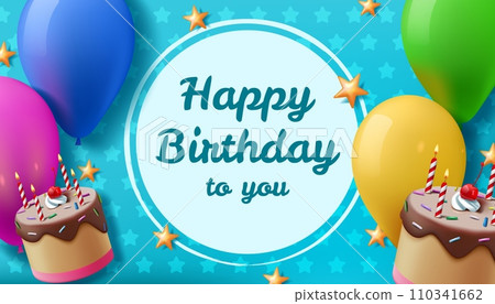 Happy birthday background. Greeting card. 3D holiday cake with candles. Festive congratulation. Balloons and stars. Fun celebrate text element. Birth day pattern. Vector banner template Happy birthday background. Greeting card. 3D holiday cake with candles. Festive congratulation. Balloons and stars. Fun celebrate text element. Birth day pattern. Vector banner template 110341662