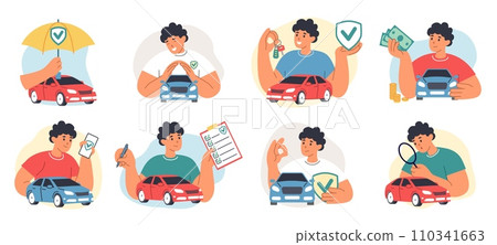 Car rent. Care auto service. Insurance document. Safety for drivers. Automobile costs. Accident with transport or claim to policy. Protection umbrella. Sedan buying. Vector flat icons set 110341663