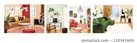 Home furniture. Room interior. House design with bookcase and comfortable sofa. Scandinavian decor. Flat furnishing. Table and armchair. Plant in flowerpot. Hugge apartments vector set Home furniture. Room interior. House design with bookcase and comfortable sofa. Scandinavian decor. Flat furnishing. Table and armchair. Plant in flowerpot. Hugge apartments vector set 110341669