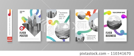 Brochure design. Graphic corporate flyer template. 3D shapes in layout. Abstract cover for annual report. Colorful art. City landscape. Business posters set. Vector creative backgrounds 110341670