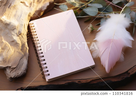 Blank empty notebook, tulip and tender feathers Blank empty notebook, tulip and tender feathers 110341816