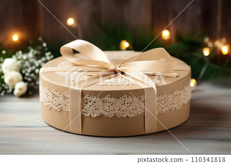 Kraft round gift box with lace ribbon on rustik wooden table 110341818