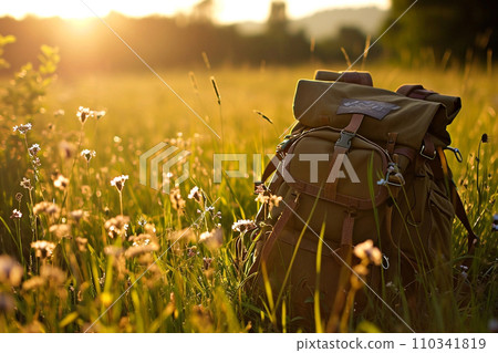Tourist backpack in green grass in meadow in sunrise Tourist backpack in green grass in meadow in sunrise 110341819