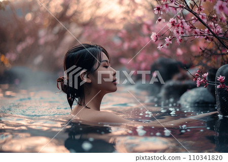 Asian young woman sitting in hot spring pool outside 110341820