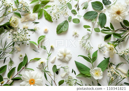 Frame of cherry blossom, wreath with green leaves on white background 110341821