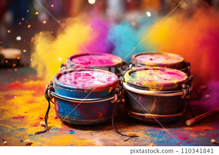 Colorful pots and drumms with Holi powder, Indian festival of colors Colorful pots and drumms with Holi powder, Indian festival of colors 110341841