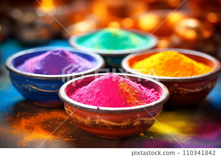 Colorful pots and drumms with Holi powder, Indian festival of colors Colorful pots and drumms with Holi powder, Indian festival of colors 110341842