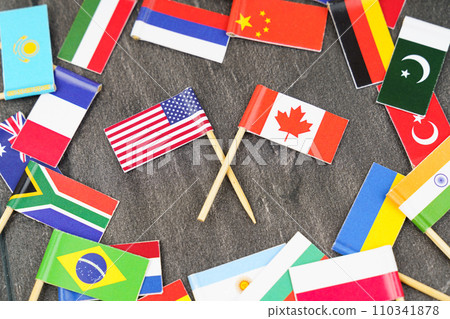 The concept is diplomacy. In the middle among the various flags are two flags - USA, Canada 110341878
