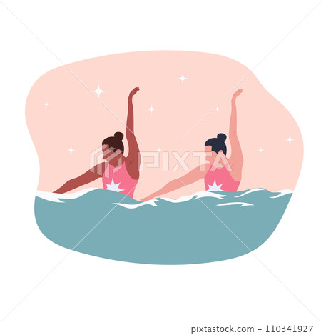Synchronized swimming vector illustration. Women synchro swimmers work as a team in swimming pool. Water sport concept. Cartoon design for poster, icon, card, logo, label, banner or sticker. 110341927