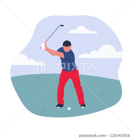 Man playing golf. Vector illustration isolated on white background. Golf competition. Sport concept. Cartoon design for poster, icon, card, logo, label, banner or sticker. 110341928