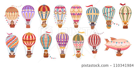 Cartoon animals flying on hot air balloons. Retro flying dirigibles and hot air balloon with animals on board flat vector illustration set. Cute characters flying on air transport 110341984