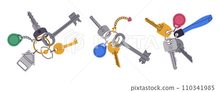 Door keys bunches. Apartment or house keys with keychain with keyring and plastic tag. Door key bunches flat vector illustration set. Real estate property entrance keys 110341985
