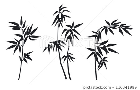 Jungle bamboo stems silhouettes. Bamboo forest plants leaves and branches, decorative black ink bamboo flat vector illustration set. Asian bamboo branches silhouettes Jungle bamboo stems silhouettes. Bamboo forest plants leaves and branches, decorative black ink bamboo flat vector illustration set. Asian bamboo branches silhouettes 110341989