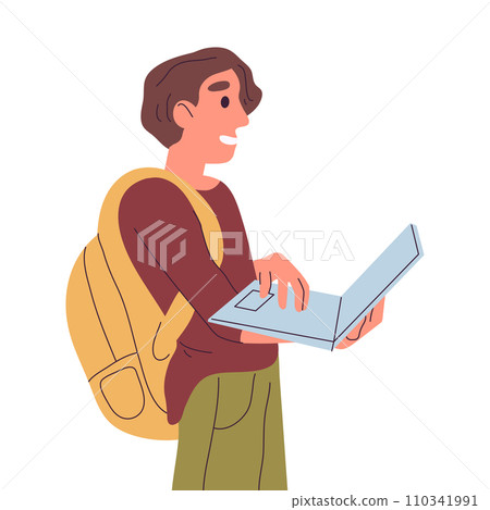 Student holding laptop. College or high school student, wireless gadget user, male characters studies or freelance works flat vector illustration 110341991