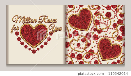 Valentines day seamless pattern, label with hearts, rose flowers, bead strings, text. For wedding, engagement event, Valentines Day, gift decoration. Vintage style Valentines day seamless pattern, label with hearts, rose flowers, bead strings, text. For wedding, engagement event, Valentines Day, gift decoration. Vintage style 110342014