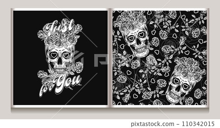 Monochrome pattern, label with skull like cup full of roses, scattered roses with stem. Gothic love illustration. For clothing, t shirt design, engagement event, Valentines Day, gift decoration. Monochrome pattern, label with skull like cup full of roses, scattered roses with stem. Gothic love illustration. For clothing, t shirt design, engagement event, Valentines Day, gift decoration. 110342015