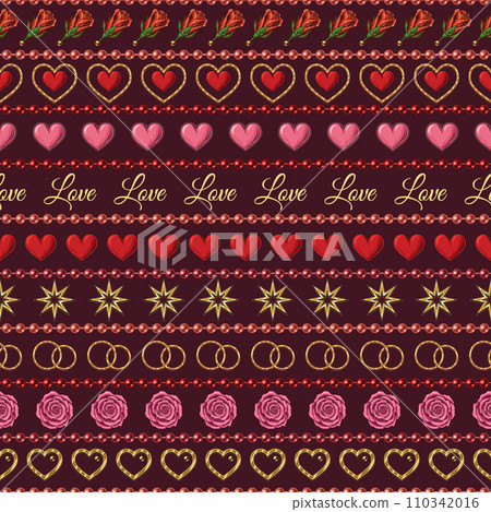 Valentines day seamless pattern with holiday objects and symbols, strings of beads. Geometric pattern with horizontal stripes on dark background. Vintage illustration for prints, wrap, wrapping paper Valentines day seamless pattern with holiday objects and symbols, strings of beads. Geometric pattern with horizontal stripes on dark background. Vintage illustration for prints, wrap, wrapping paper 110342016