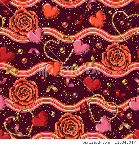 Valentines day seamless pattern with horizontal rainbow stripes, scattered hearts, roses, confetti, beads, glitter. For wedding, engagement event, Valentines Day, gift decoration. 110342017